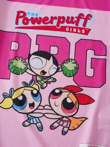 THE POWERPUFF GIRLS X SHEIN تي شيرت قصير الأكمام بطبعة كرتونية وحروف كاجوال يومي للفتيات المراهقات - وردي - مشاهدة 4