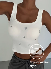 Livesso Camiseta de tirantes corta para dormir con estampado de corazón y letra, estilo cojín en el pecho - Blanco - Ver 4
