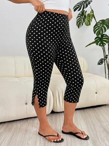 Solflare Plus Polka Dot Print Split Hem Leggings - Black - View 4