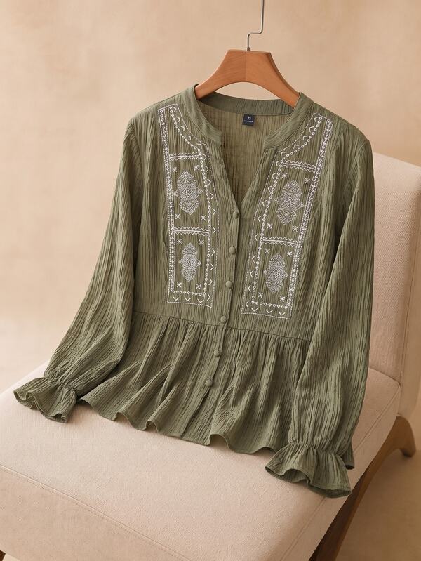 Elaquor Plus Floral Embroidery Flounce Sleeve Peplum Blouse