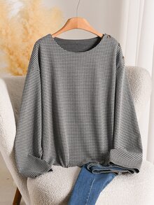 CosyJoli Plus Houndstooth Print Drop Shoulder Tee Casual T-Shirt For Women Fall/Winter Casual Daily Going Out Office Business Work T-Shirt For Women Homecoming - Black and White - View 2
