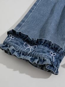 SHEIN Young Girls Elastic Waist Bow Embroidered Ruffle Hem Wide Leg Denim Jeans For Fall Winter Daily Casual Wear - Blue - View 6