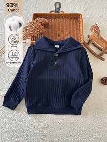 SHEIN 男童春秋深藍色羅紋領長袖襯衫，紳士簡約百搭舒適休閒款，適合室內/戶外活動及多種場合 - 藏蓝色 - 查看 3