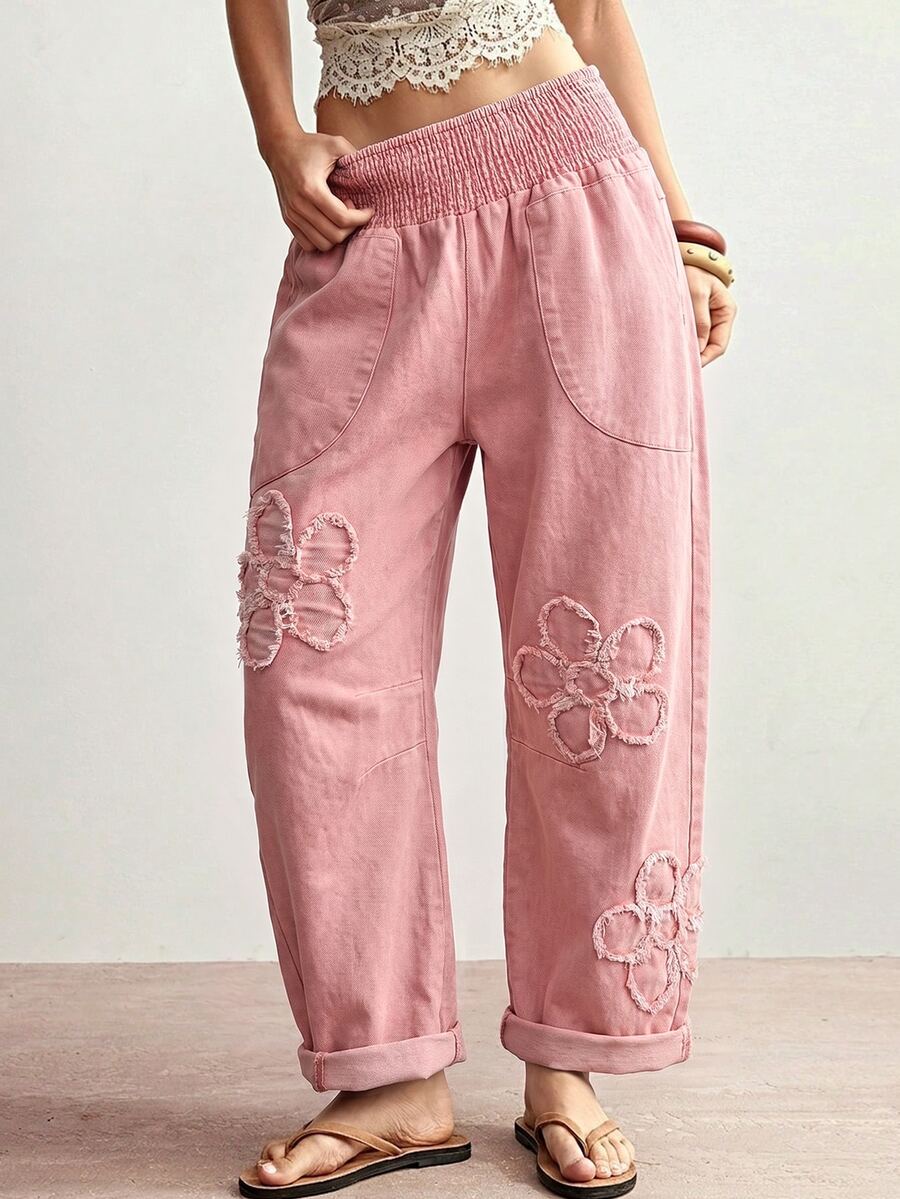 Bohemela Floral Embroidery Straight Leg Pants - Pink - View 1