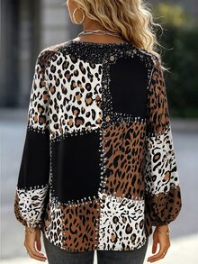 SHEIN Black And White Leopard Print Patchwork Print Colorblock Lantern Sleeve Notch Neck Top Night Out Autumn Casual - Multicolor - View 2
