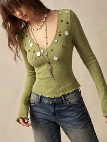Bohemela Women Solid V-Neck Button Detail Lettuce Trim Slim Fit Tee - Burgundy - View 5