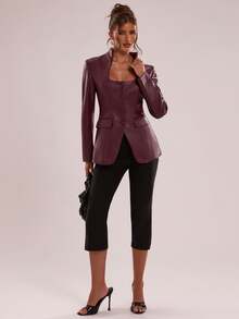 SHEIN BAE Blazer Kulit PU dengan Bantalan Bahu, Natal, Acara Sosial, - Burgundy - View 3