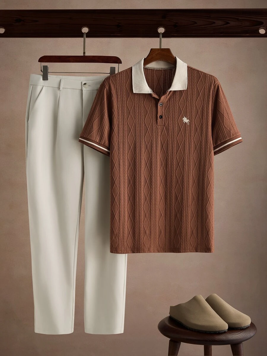 Core Aspect Men's Jacquard Knit Polo Shirt And Woven Pants Set, Shades Of Brown Off-White Summer Casual Two Pieces Set, Suitable For Everyday Golf Outings - Multicolor - View 1