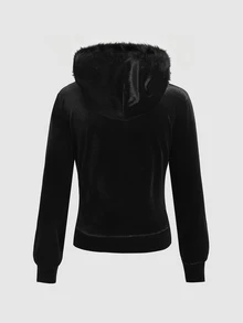 SHEIN 青少年女孩天鵝絨刺繡毛絨飾邊拉鍊連帽外套 - 黑色 - 查看 4