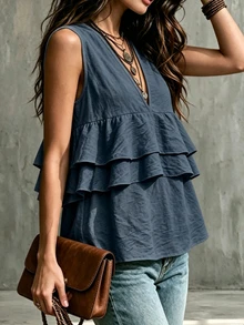 Glimmora Blusa de talla grande con cuello en V y ribete de volantes en capas - Neblina azul - Ver 5