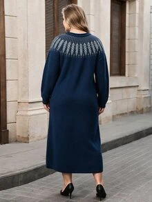 Lacomfia Plus Size Sweater Dresses - Navy Blue - View 2