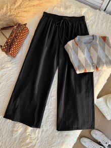 Comfortcana Plus Size Casual Black Textured 9-Length Pants - Black - View 7