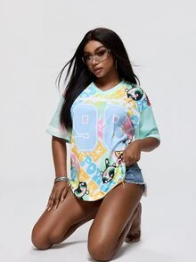 THE POWERPUFF GIRLS X SHEIN Kaos Wanita Berkerah V dengan Motif Kartun Serbaguna - Hijau - View 6
