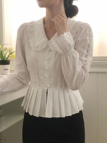DAZY Solid Schiffy Ruffle Trim Flare Sleeve Pleated Hem Shirt Vacation - White - View 4