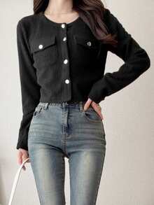 FRIFUL Mantel Musim Gugur dengan Detail Kancing Polos dan Penutup - Hitam - View 3