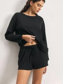 Ocili Drawstring Waist Split Hem Lounge Shorts - Black - View 2