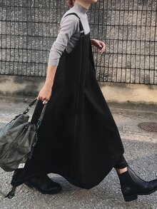 FRIFUL Women's Autumn Solid Color Spaghetti Strap Dress With Full Skirt - Black - View 6
