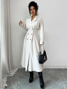 Elenzga Double Breasted Lapel Neck Coat - Grey - View 8