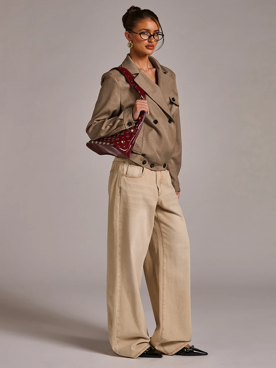 SHEIN BAE Solid Double Breasted Placket Crop Trench Coat - Rust Brown - View 1