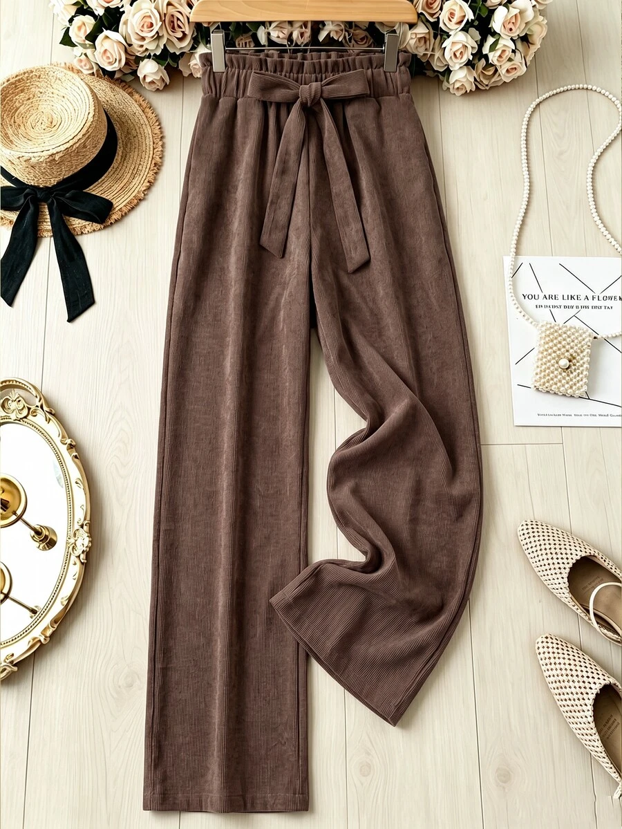 Rusticease Women's Bowknot Tie-Up Casual Long Pants, Versatile For Daily Wear - Rust Brown - View 1