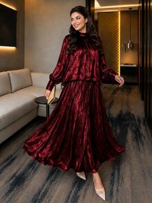 SHEIN Lady Plus Size Elegant Party Top & Skirt 2 Pieces Set - Burgundy - View 1