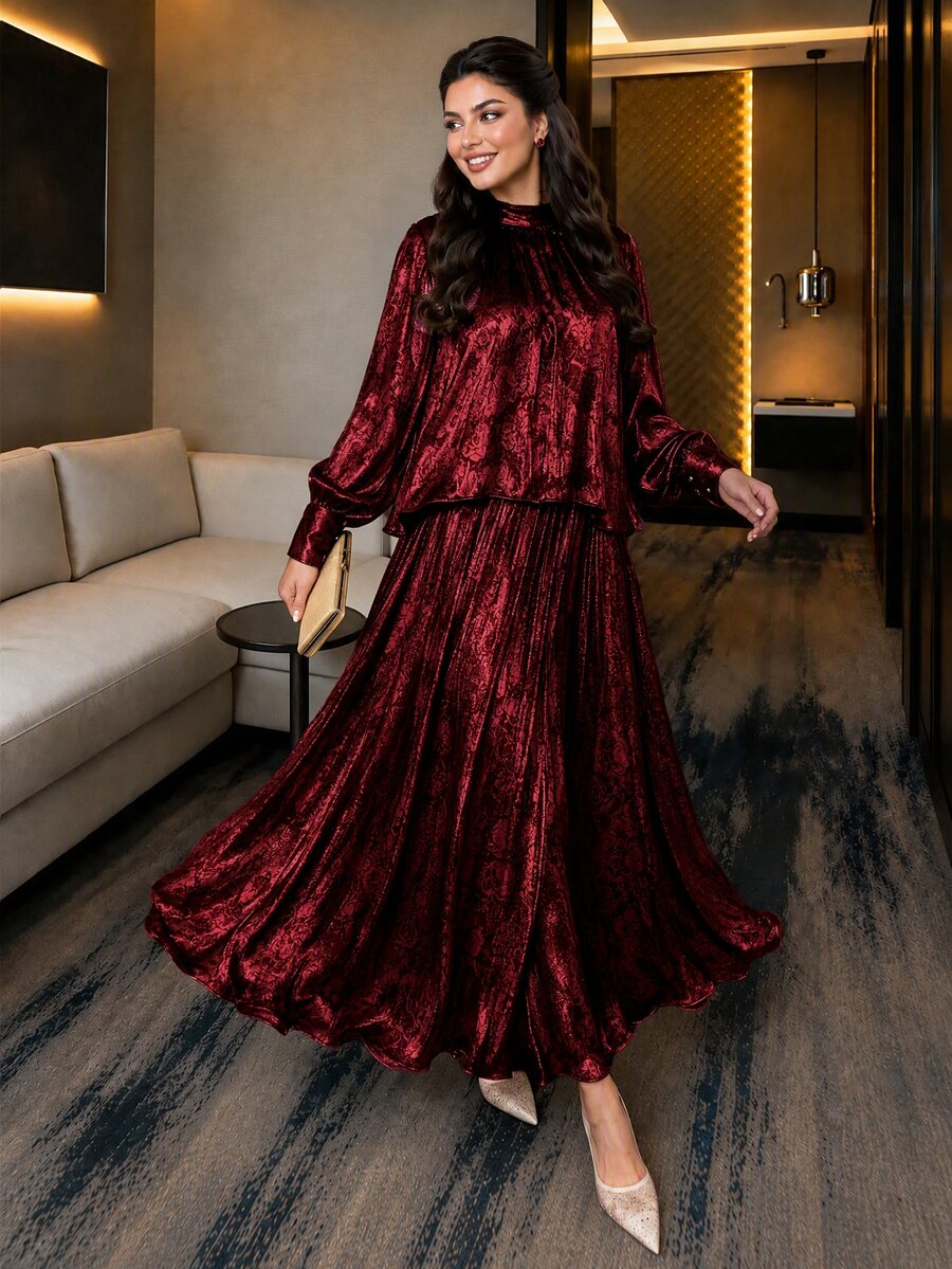 SHEIN Lady Plus Size Elegant Party Top & Skirt 2 Pieces Set - Burgundy - View 1
