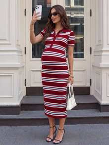 MaterniWear Maternity Striped Casual Daily Summer Travel Dress Black And Red - Red - View 2