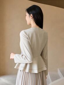 DAZY Women's Solid Color Single-Breasted Ruffle Hem Elegant Blouse Fall - Apricot - View 2