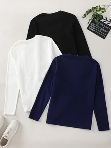 3件/組買2送1青少年男孩休閒簡約百搭超高CP值套裝，圓領百搭T恤套裝，適合秋冬/聖誕，黑/白/藍T恤，青少年百搭長袖上衣，秋季穿搭，冬季穿搭 - 彩色 - 查看 5