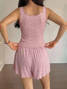 DAZY Ditsy Floral Print Lettuce Trim PJ Set - Pink - View 2