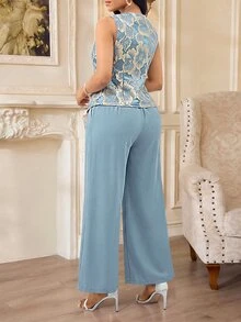 SHEIN Lady 花卉印花背心西裝外套與寬腿長褲套裝 - 藍色 - 查看 2