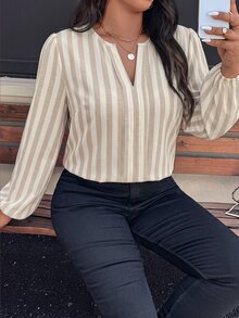 EMERY ROSE Plus Striped Print Notched Neckline Lantern Sleeve Blouse - Multicolor - View 3