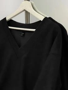 SHEIN EZwear 純色落肩V領運動衫 - 黑色 - 查看 6