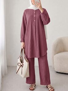 Solavon Solid Button Front Longline Blouse & Pants - Dusty Pink - View 1