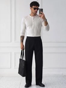 HUEFORM Men Basic White Henley Shirt T-Shirts,The Ribbed Fabric Is Highly Stretchy And Forgiving On The Figure-A Versatile Wardrobe Staple. For Men - White - View 3