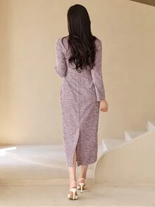 DAZY Gaun Elegan Wanita Lengan Panjang Leher Bulat dengan Kancing untuk Musim Gugur - Purple - View 2