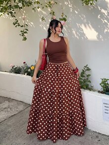 GalTyme 2件套大尺碼女款波點夏季波希米亞風絲滑海灘度假早午餐套裝，無袖背心上衣與長裙，春季音樂節狂歡穿搭 - 彩色 - 查看 3