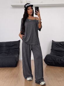 Coolane Asymmetrical Neck Tee & Wide Leg Pants - Dark Grey - View 2
