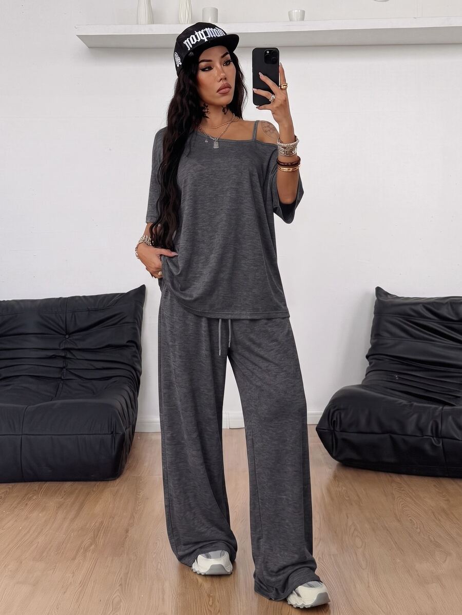 Coolane Women's Fall Minimalist Streetwear Basic Daily Wear Going Out Sport Comfortable Off Shoulder T-Shirt And Wide Leg Sweatpants Grey Two Pieces Outfits - Dark Grey - View 1