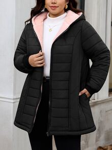 Reflora Plus Zip Up Hooded Padded Coat Office Family Vacation Fuchsia Pink Winter - Black - View 2
