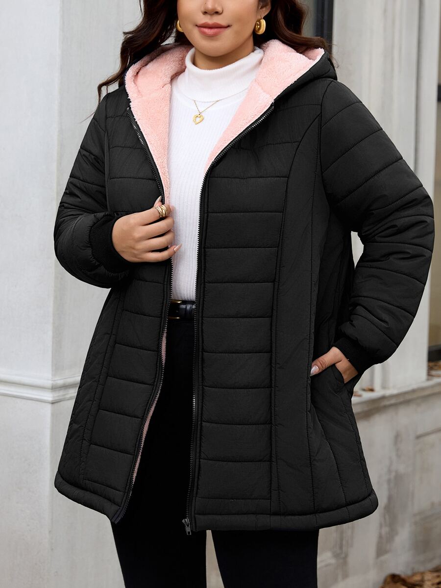 Reflora Plus Zip Up Hooded Padded Coat Office Family Vacation Fuchsia Pink Winter