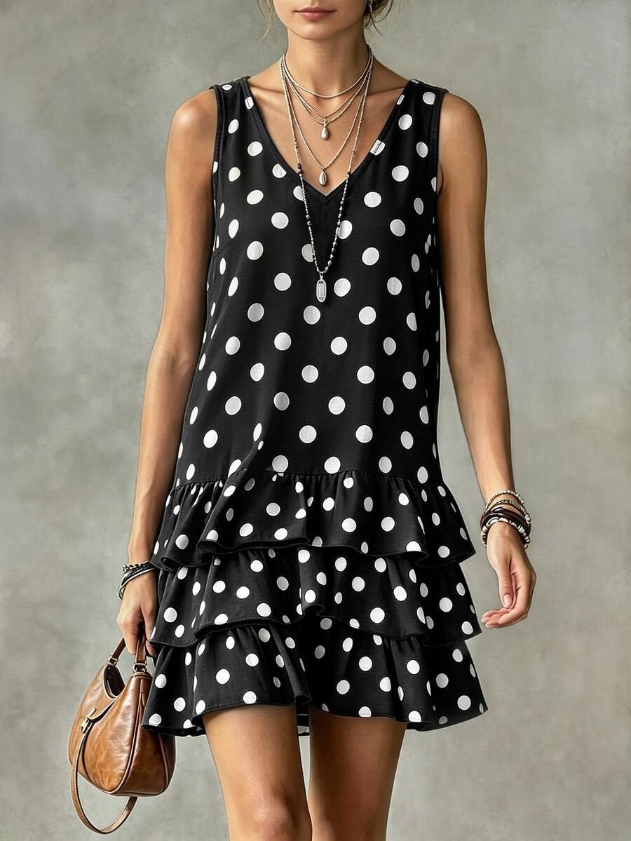 Glimmora Polka Dot Print V-Neck Sleeveless Layered Ruffle Hem Dress - Black and White - View 1