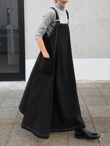 FRIFUL Women's Autumn Solid Color Spaghetti Strap Dress With Full Skirt - Black - View 1