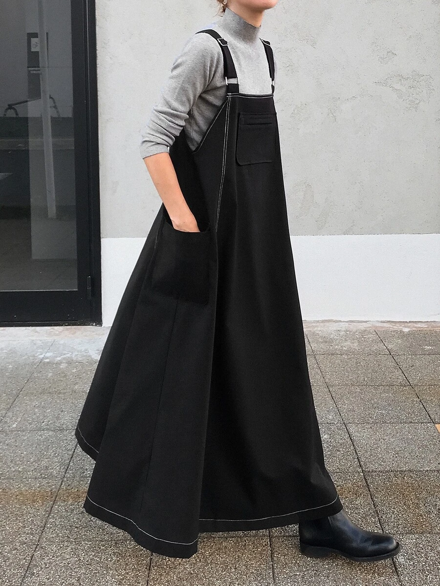 FRIFUL Women's Autumn Solid Color Spaghetti Strap Dress With Full Skirt - Black - View 1