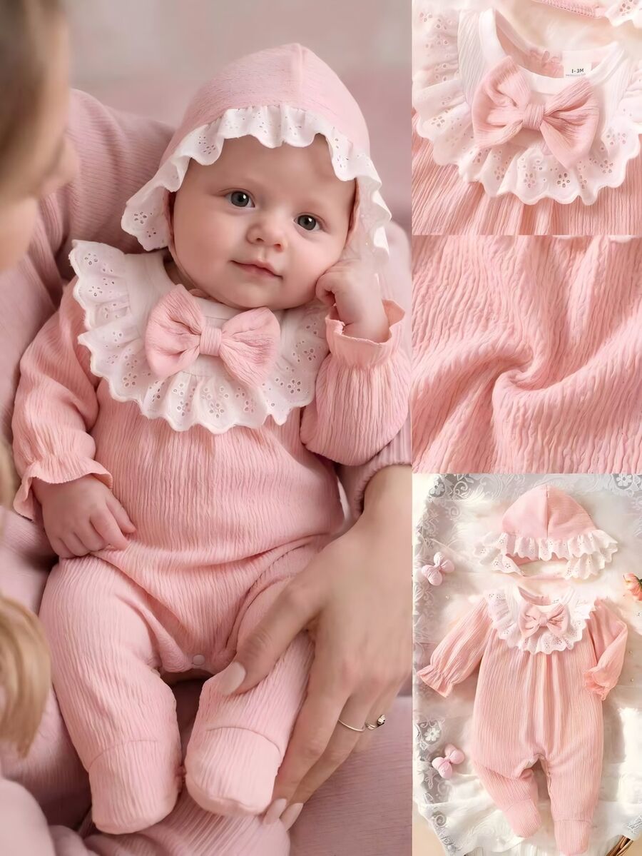 SHEIN 2pcs Newborn Baby Girl Footed Jumpsuit Sweet Pink Bow Eyelet Lace Ruffle Hat Long Sleeve Round Neck Regular Birthday Autumn Ballet First Birthday - Pink - View 1