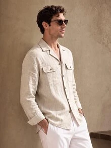 Core Aspect Men's Casual Double Pocket Single-Breasted Long Sleeve Shirt - Apricot - View 5