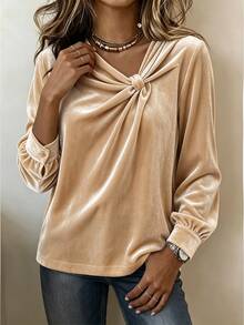 SHEIN Solid Twist Front Asymmetrical Neck Tee Dinner Office Dinner Beige Autumn Mature Elegant Mature - Khaki - View 6