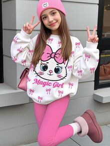 青少年女孩蝴蝶結與標語圖案落肩套頭上衣與內搭褲套裝 - 彩色 - 查看 1