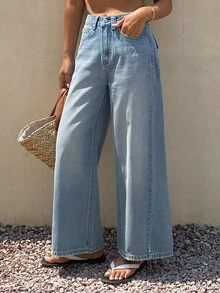 Livesso Tall Flap Pocket Wide Leg Jeans Fall Travel Light Blue Casual Streetwear - Medium Wash - View 4