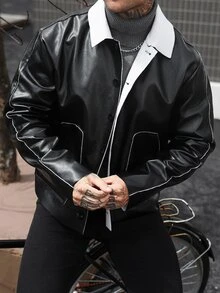 Manfinity CasualCool Jaket Kulit PU Pria dengan Kerah Kontras - Hitam - View 5